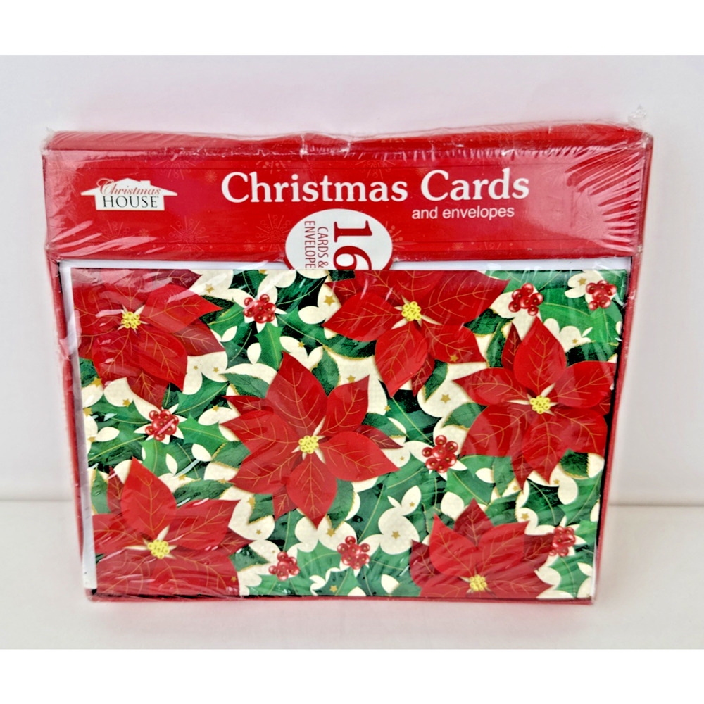Christmas House Card and envelopes red Poinsettia green holly